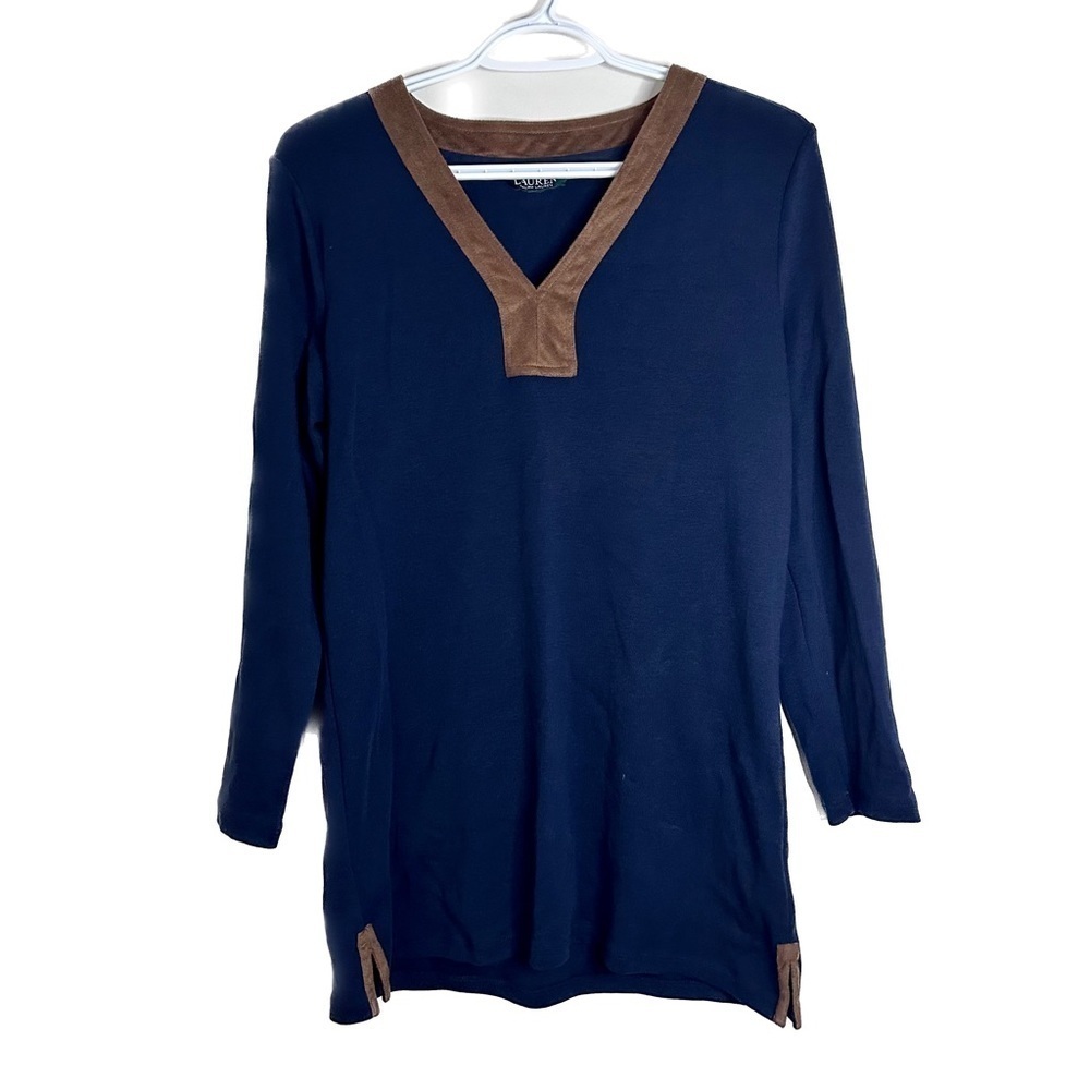 Lauren Ralph Lauren Country Navy Tunic Top Brown Suede Trim V Neck Size Medium